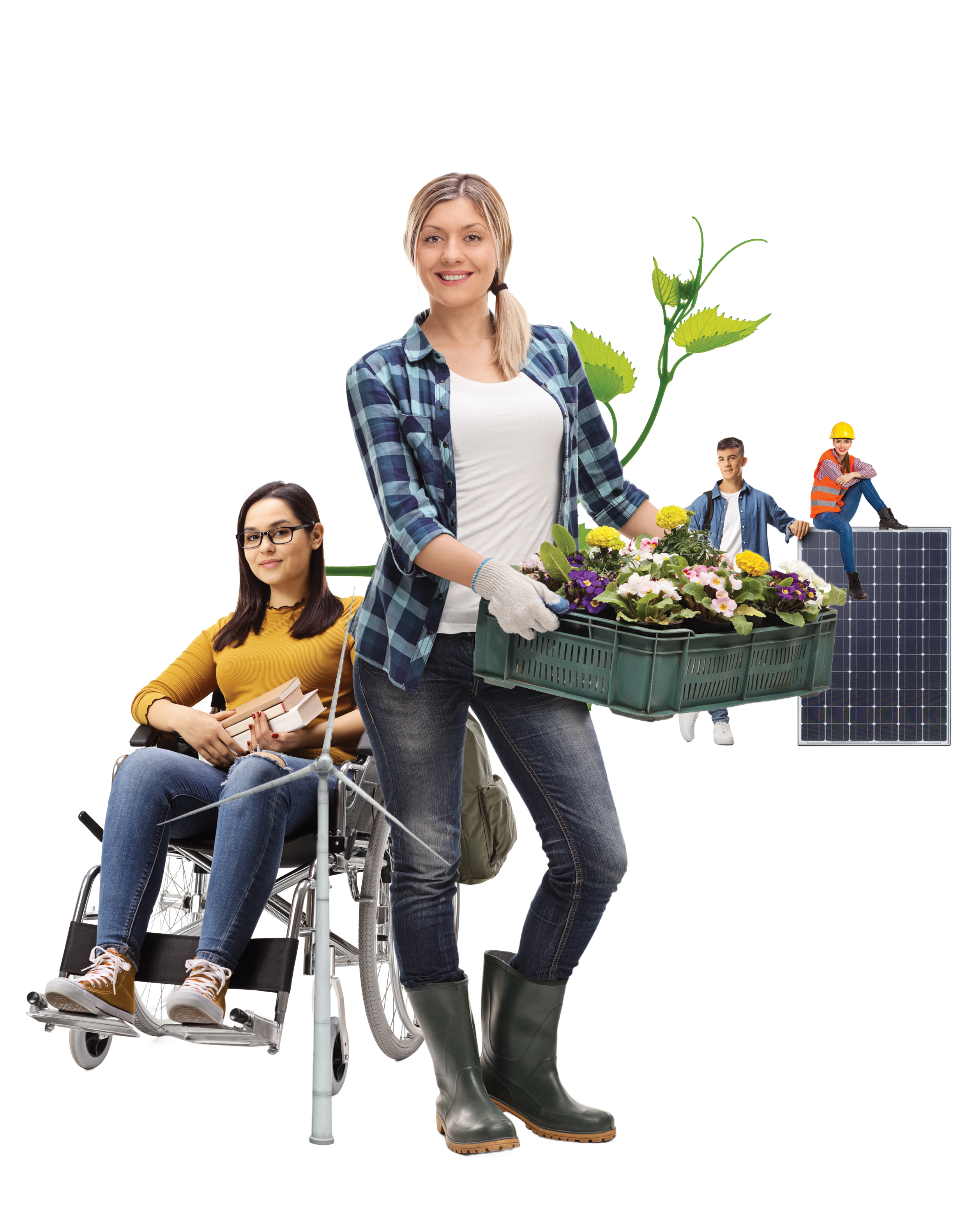 Woman holding a box of flowers, girl in wheel chair, young man leaning against solar panel with a woman in hard hat sat on top of the solar panel